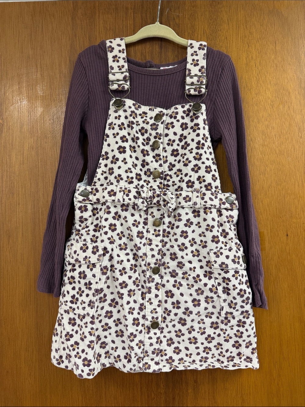 Little Lass Cream Floral Corduroy Overall Dress with Purple Top